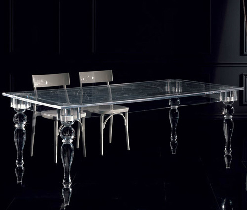 Design av matbord i akryl -transparent-se-genom-glas-bord-ben-vridna