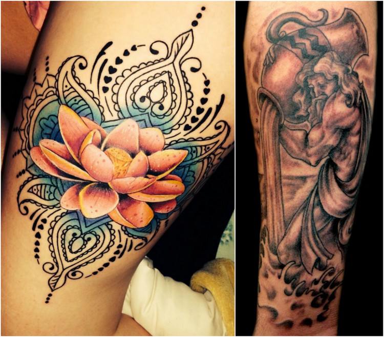 Zodiac tattoo aquarius-lotus-flower-lår-man-vatten-överarm