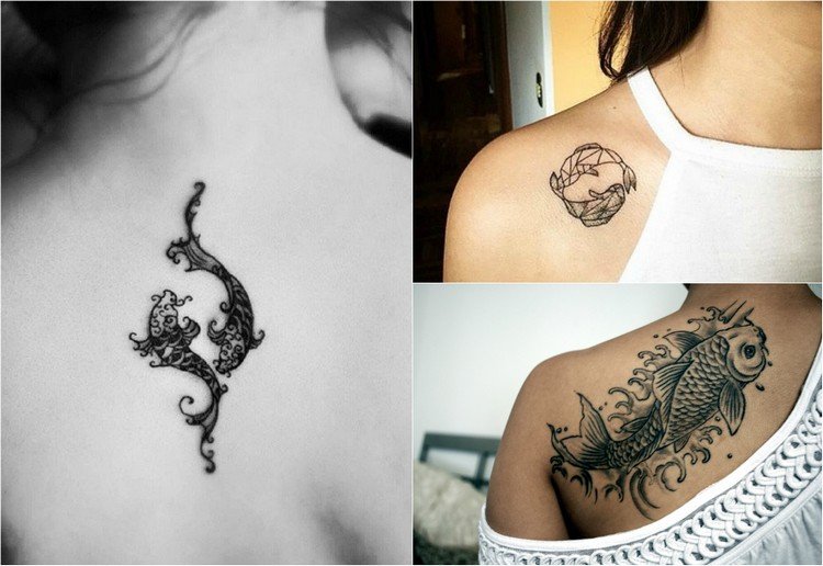 Zodiac tatuering fiskar-symboler-hals-nyckelben-tillbaka-svart-vit