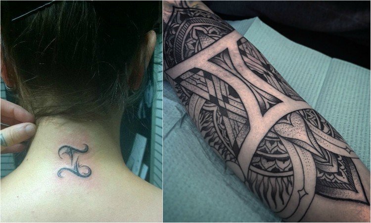 zodiaken-tatuering-tvillingar-tecken-kvinna-hals-man-underarm-abstrakt