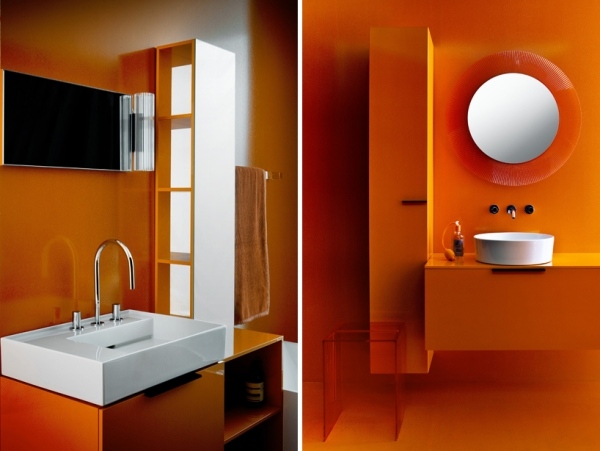 Badrumsmöbler-orange väggfärg-trendiga färger belysning