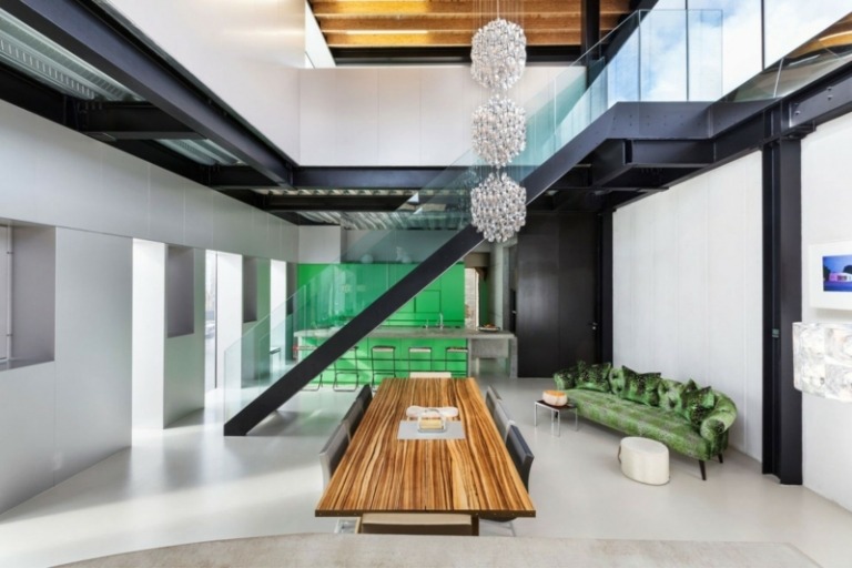 interiör betong aluminium matsal design minimalistisk soffa grön