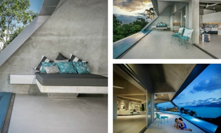 interiör betong granit utomhus dag säng stolar turkos pool