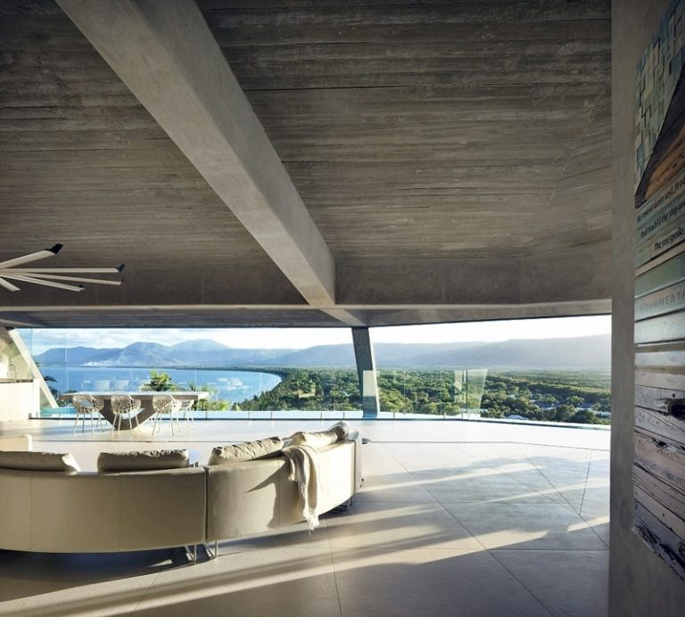 interiör av betong och granit vardagsrum design elegant ljus soffa