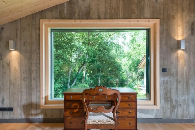 interiör trä betongfönster profiler stora antika skrivbord vägg imitation trä