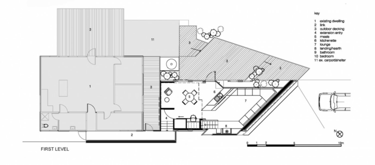 planlösning bungalow interiör av trä och betong modern