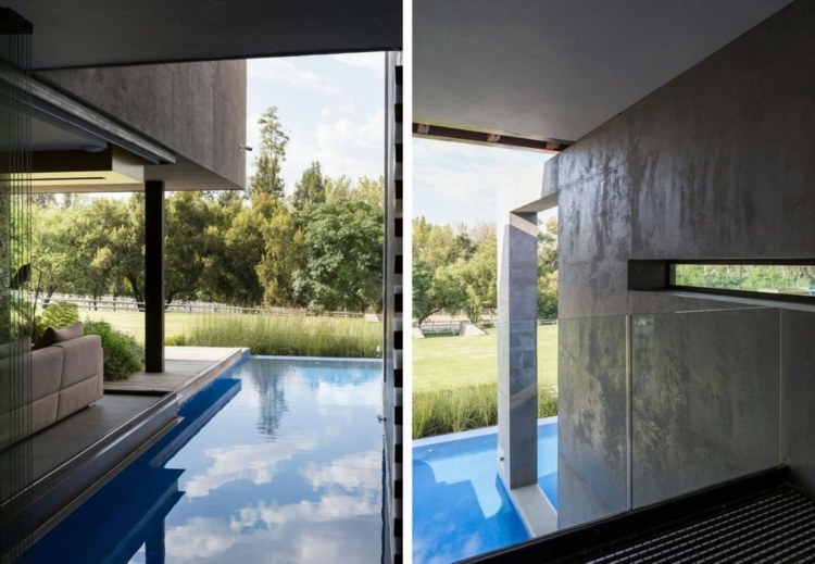 hus av naturmaterial naturligt utseende design betong modernt poolområde