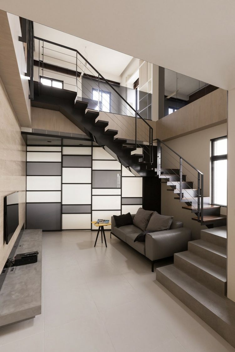 Skiljevägg frostat glas vitgrå design trappor vardagsrum