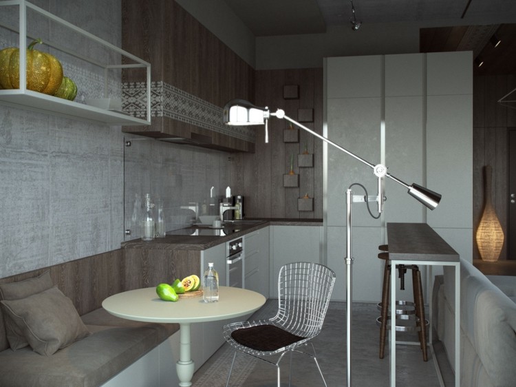 design interiör kök sittgrupp matbord runt golvlampa grå nyanser