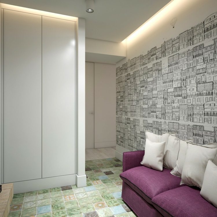 design interiör soffa färg orkidé kuddar tapeter vägg grå golv grön
