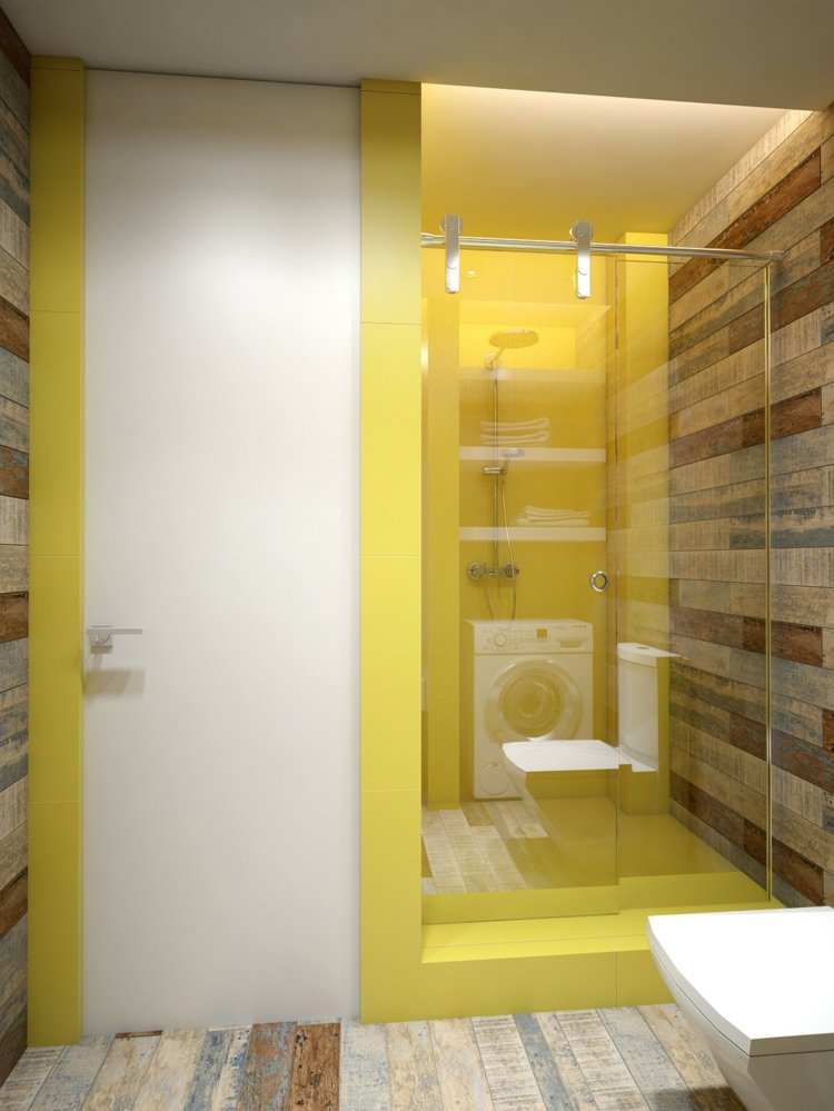 design inredning dusch badrum gul vägg träpanel glasdörr