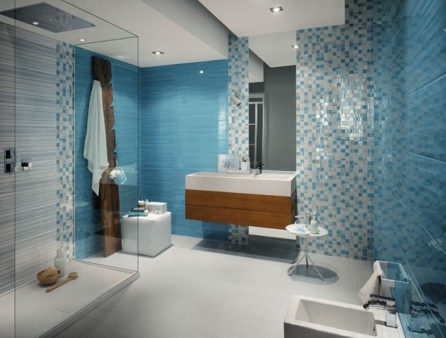 badrumsdesign idéer glas duschkabin ljusblå vit blank