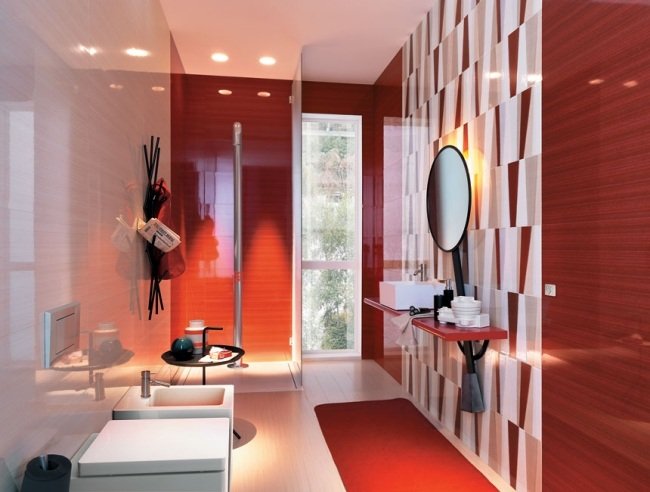 badrumsdesignidéer röd vit accent väggplattor rund spegel
