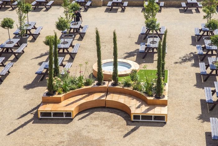 italiensk trädgård design idé fontän bord
