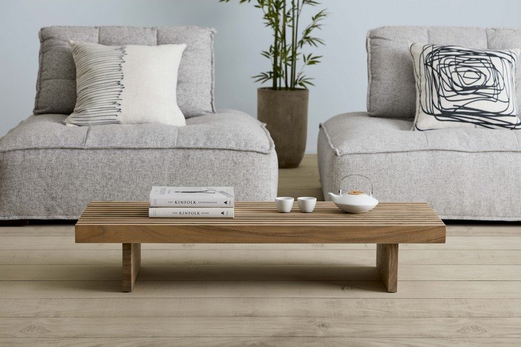 Japandi levande stil låg modulär soffa och trä soffbord