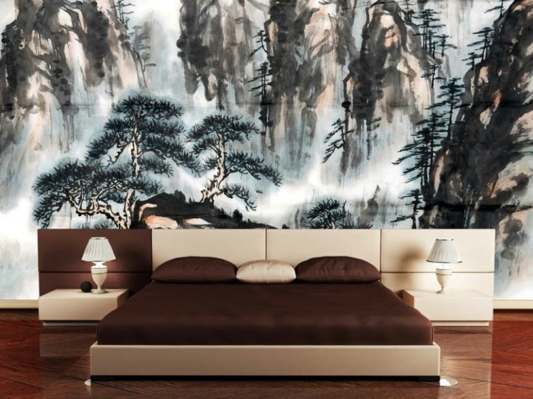 deco japansk sovrum tapet landskap träd säng modern