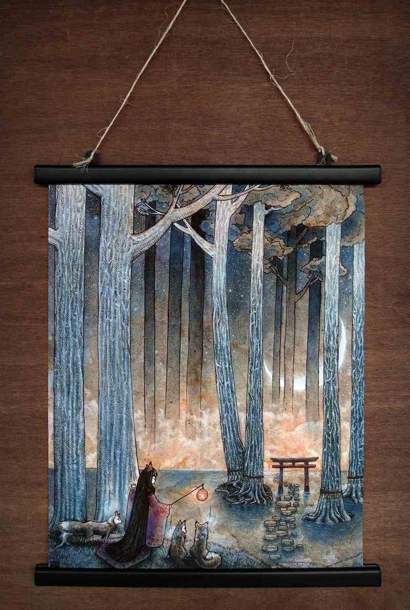 deco japansk väggmålning idé skogsmotiv kimonovargar
