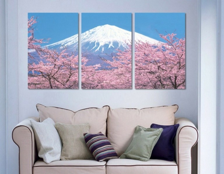 deco japansk fototapet toppmöte snö körsbärsträd soffa