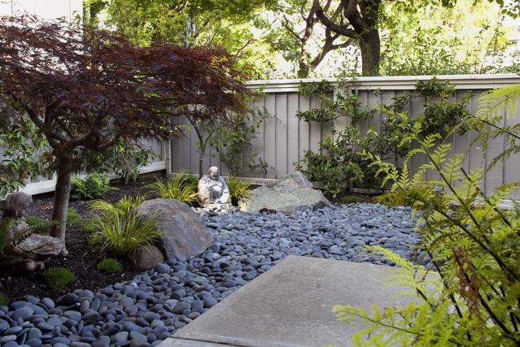 Japanska lönn zen trädgård prydnadsgräs grå stenblock