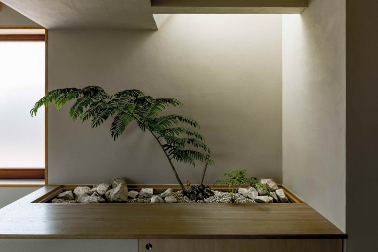 japanskt hus som planterar trä inuti