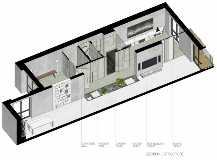 3D -projekt japansk stil hall vardagsrum lägenhet