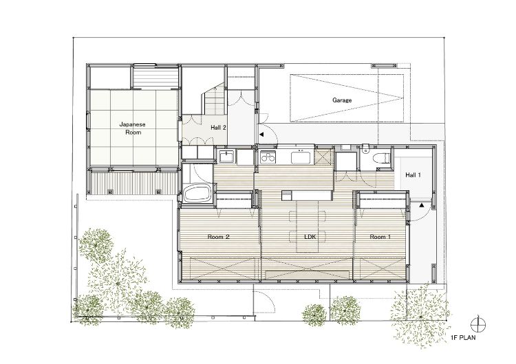 japansk design husarkitektur innovativ design träbeklädnad golv planritning utkast
