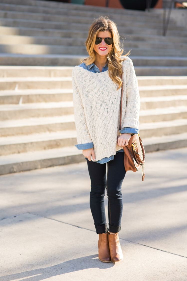 Denim Shirt Combine Sweater Oversized Skinny Jeans Ankle Boots