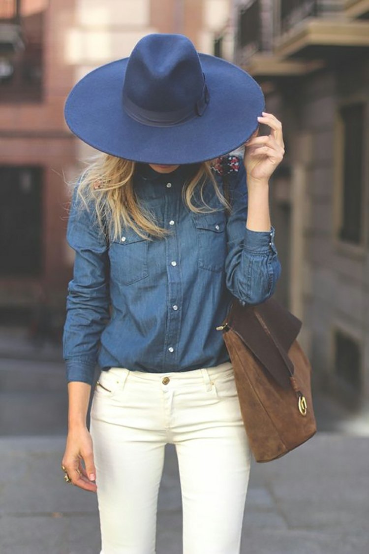 Navy Denim Shirt Kombinera White Jeans Brown Purse Blue Hat Ladies