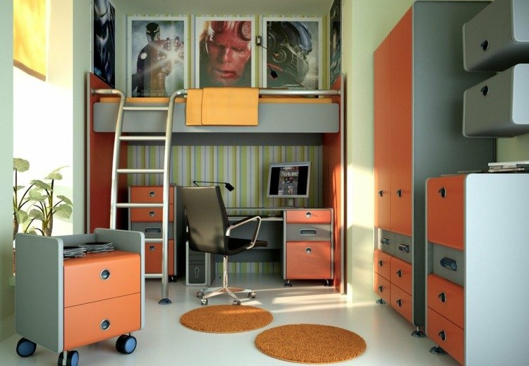 ungdomsrum exempel litet loft säng skrivbord garderob röd grå