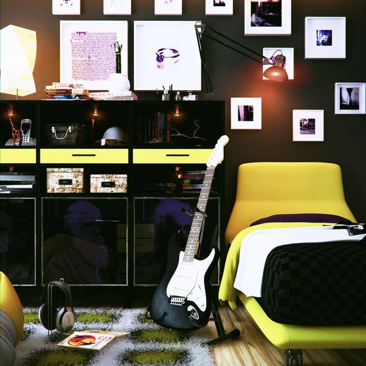 ungdomsrum exempel säng gul gitarrfoton väggdesign