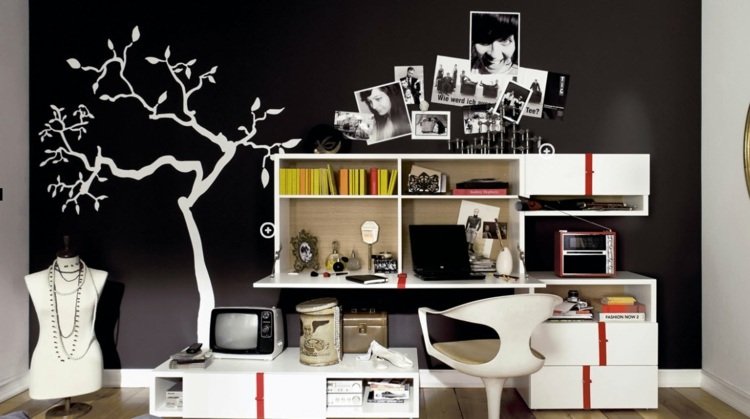 ungdomsrum modern stil design skrivbord stol väggmålning träd