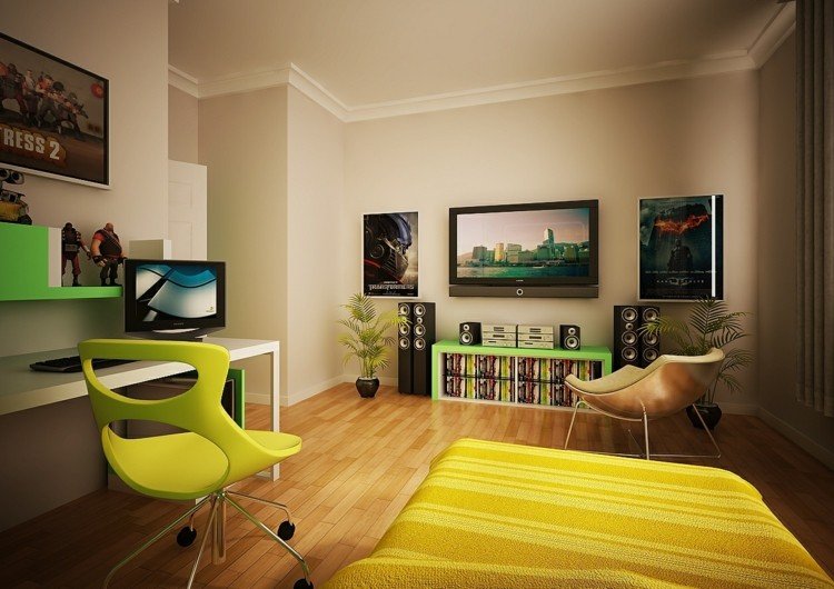 exempel inredning tv lowboard skrivbord gul grön