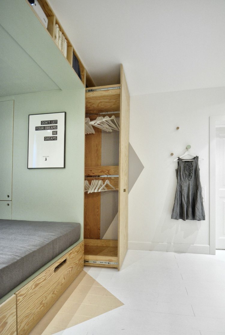 utdragbar garderob säng ungdomsrum grön grå design