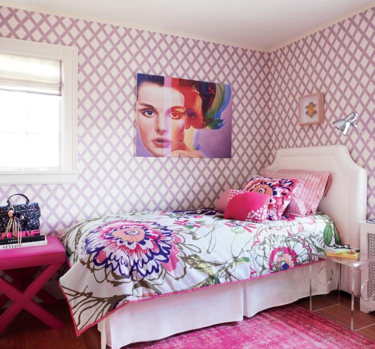 ungdomsrum-färg-design-tjej-mönster-tapeter-romb-rosa-lila