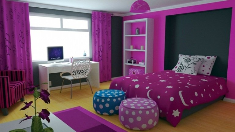 ungdomsrum för tjejer rosa säng stjärna skrivbordsstol modern