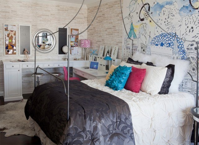 ungdomsrum för flickor idéer-väggdekoration-abstrakt-tapeter-tegel-vägg-optik-skrivbord-hörn