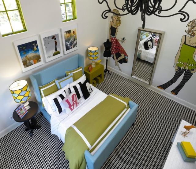 ungdomsrum för flickor modern grön-blå-vit-svart-väggdekoration