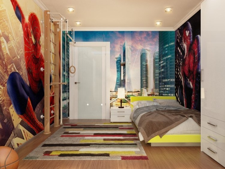 Ungdomsrum-design-spiderman-tema-fototapet-vägg-design-säng-matta-färgat