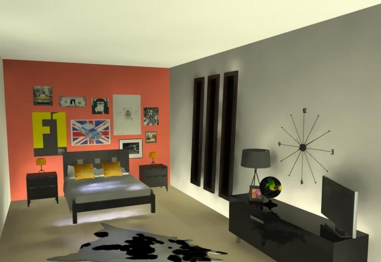 Ungdomsrum-design-industriell-design-vägg-färg-orange-grå-säng-päls-matta-väggklocka