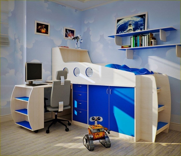 Ungdomsrum-design-litet-loft-säng-förvaringsutrymme-vägg-hyllor-vinkel-vägg-färg-tapet-moln