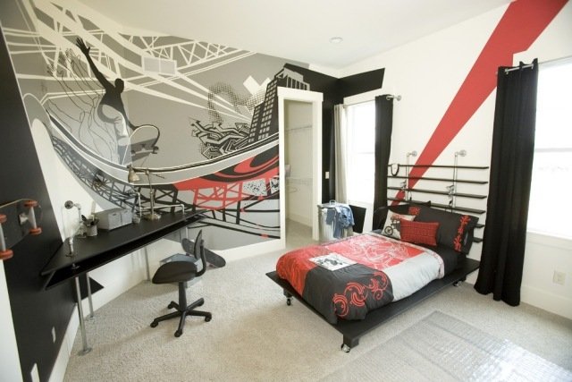 ungdomsrum-pojkar-design-idéer-röd-svart-vit-konstnärlig-vägg-dekoration-hörn skrivbord