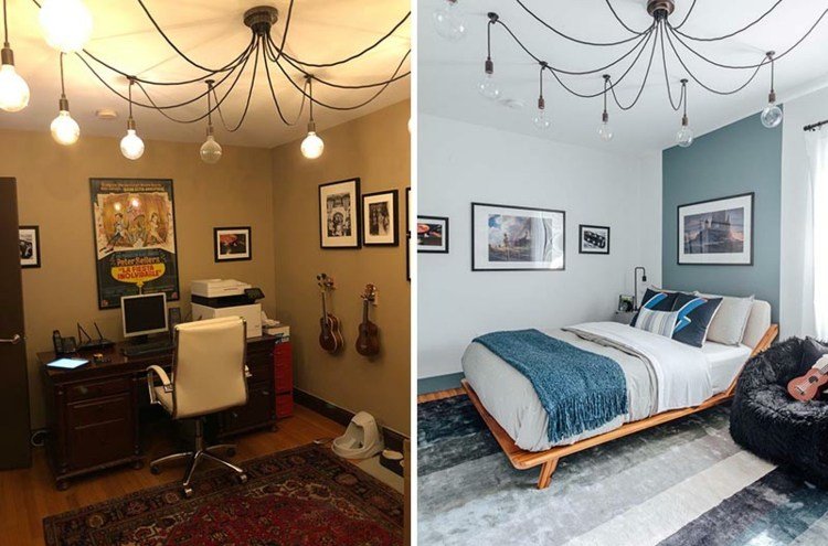 Före-och-efter-bild av tonårsstudier och sovrum