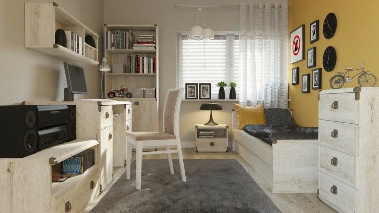 Ungdomsrum vitt och gult som en idé för ett litet rum