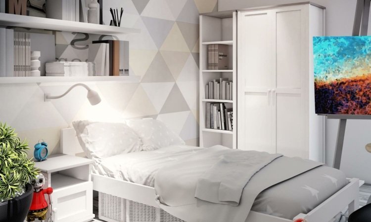 Designa ungdomsrum i vita och pastellfärger för en geometrisk accentvägg