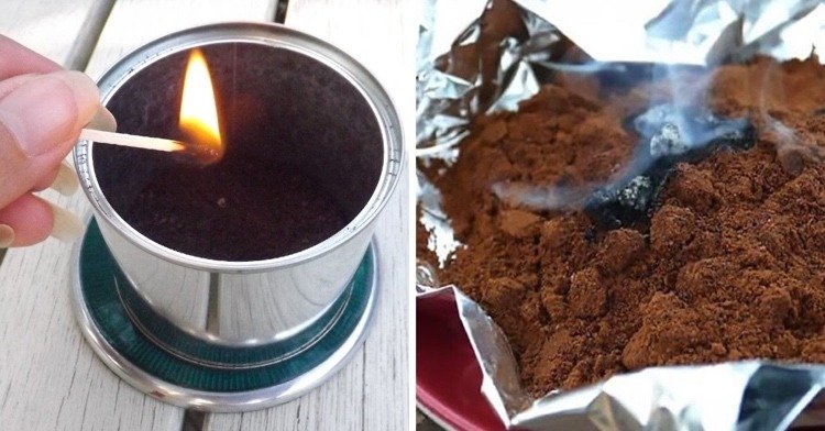 Kaffesumpar brinner på terrassen som ett husmedel för myggor