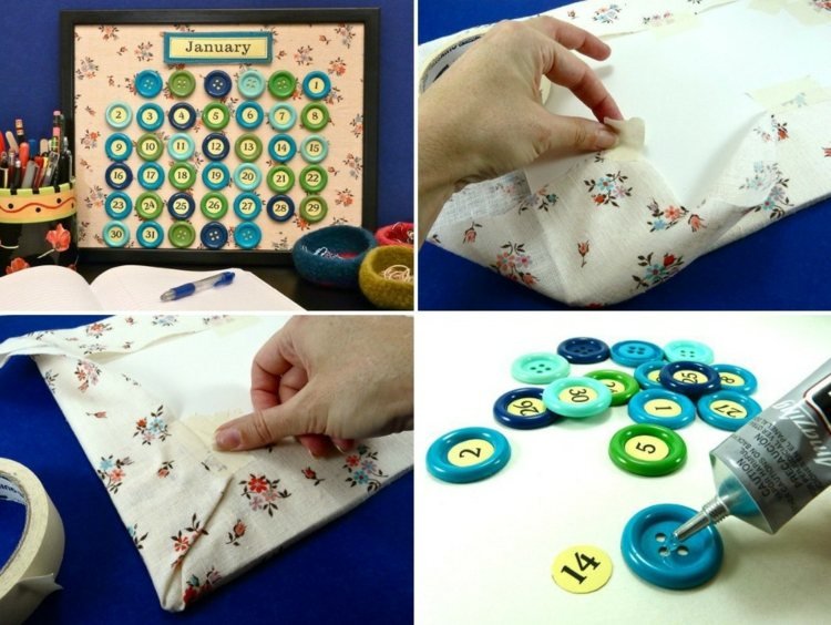Gör din egen kalenderram-textil-beklädnad-vintage-knappar-tummar