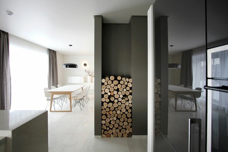 minimalistiskt vardagsrum vardagsrum vägg nisch hylla trä lagring