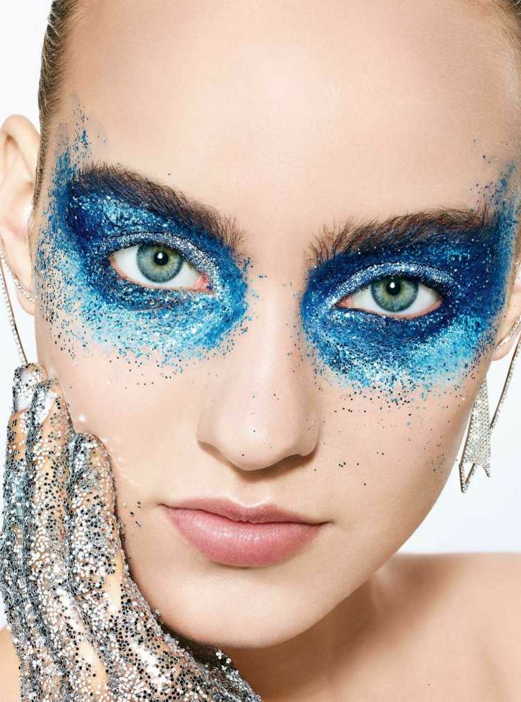 karnevalsmink glitterblå kvinna ansiktsmask smink