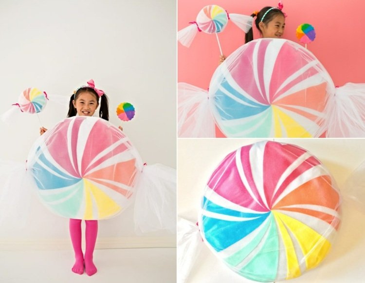 Lekfull och färgad karnevalskostym - färgstarkt godis med tyll och filt