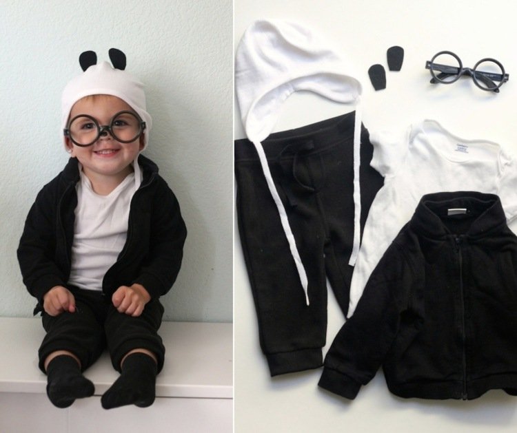 Panda i svartvita kläder och runda glasögon